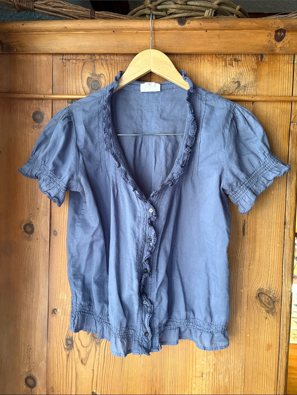 Women's 100% Cotton Blue Ruffle-Trim Button Front Top
